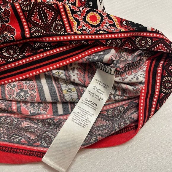 Chicos Boho Paisley Stretch Orange Red Bell Sleeve Blouse Top Size 2 US Large - Picture 7 of 11
